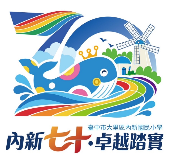 內新國小 70 週年校慶 Logo，結合數字 70、鯨古錐、彩虹跑道與風車