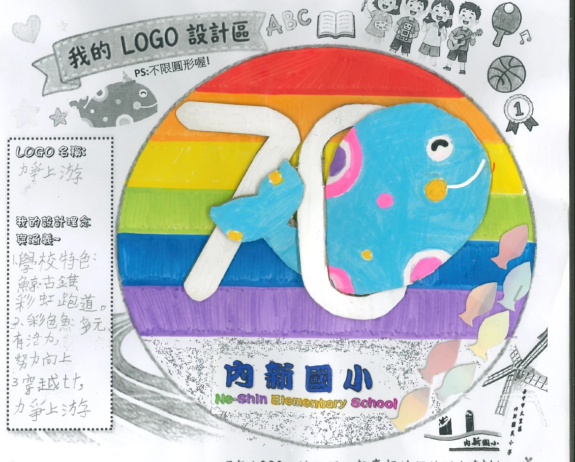 彩虹背景中的數字 70 與藍鯨的 Logo 設計