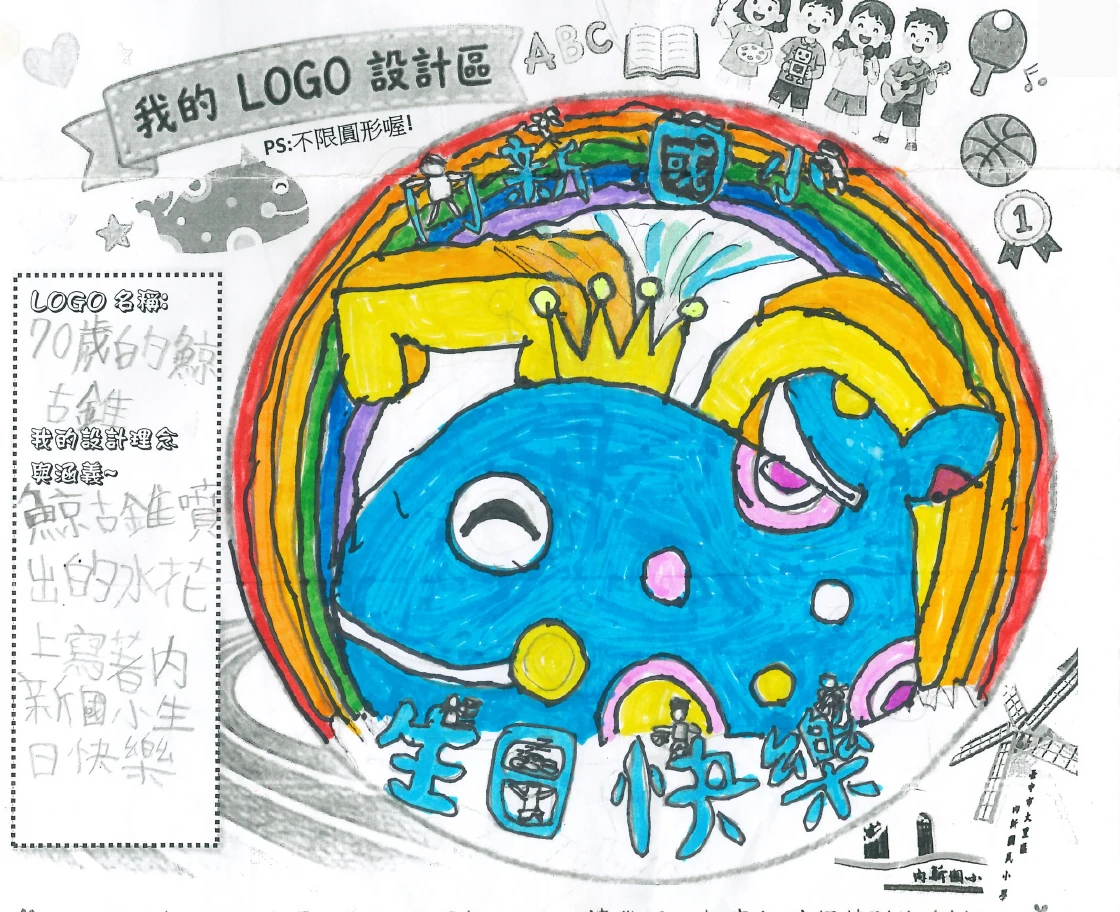 彩虹圍繞數字 70、戴皇冠的藍鯨與生日快樂字樣的 Logo 設計